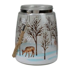 6.25" Trees and Fawns Flameless Glass Candle Lantern